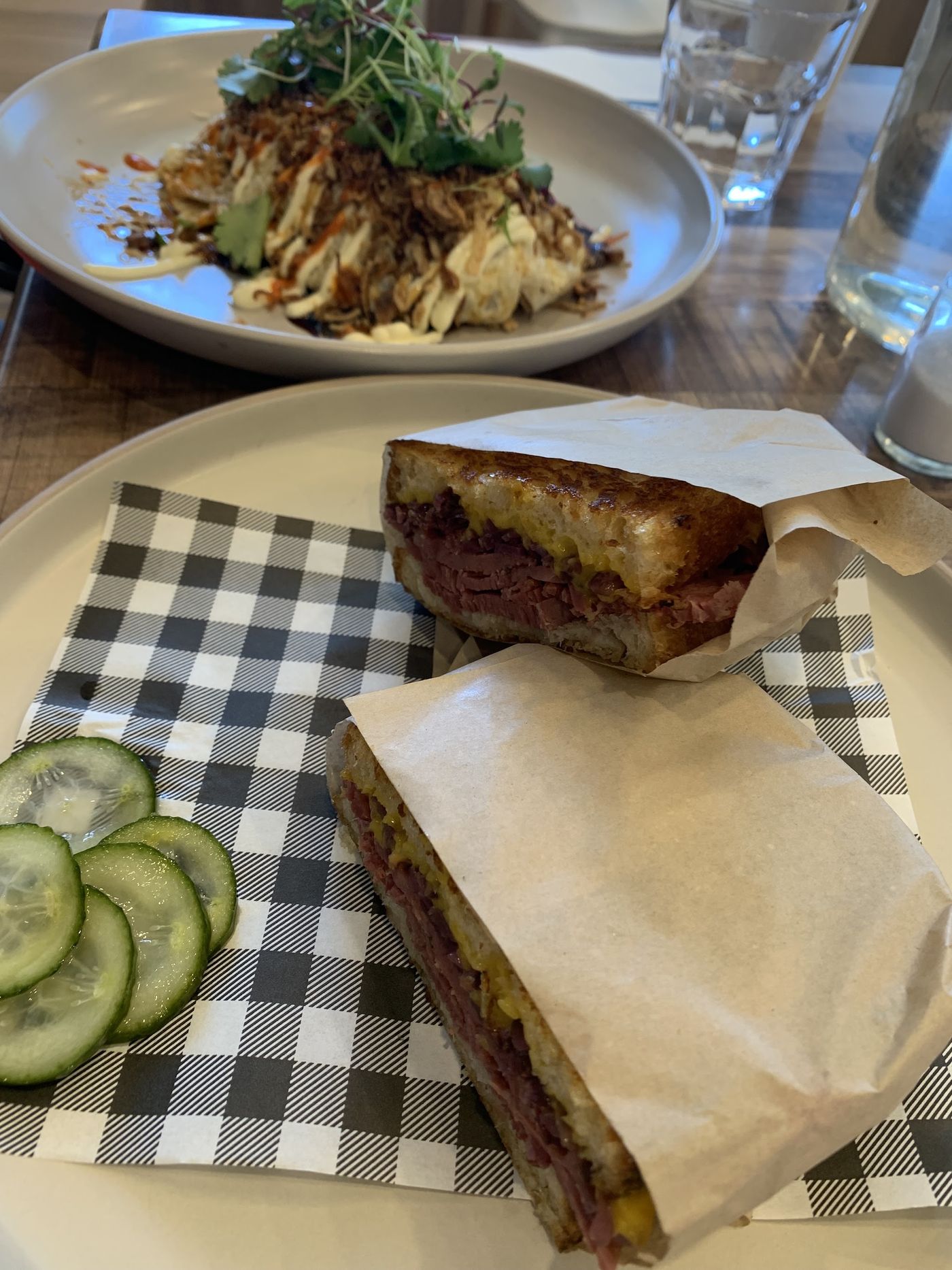 Pastrami toasted sandwich with cucumber salad